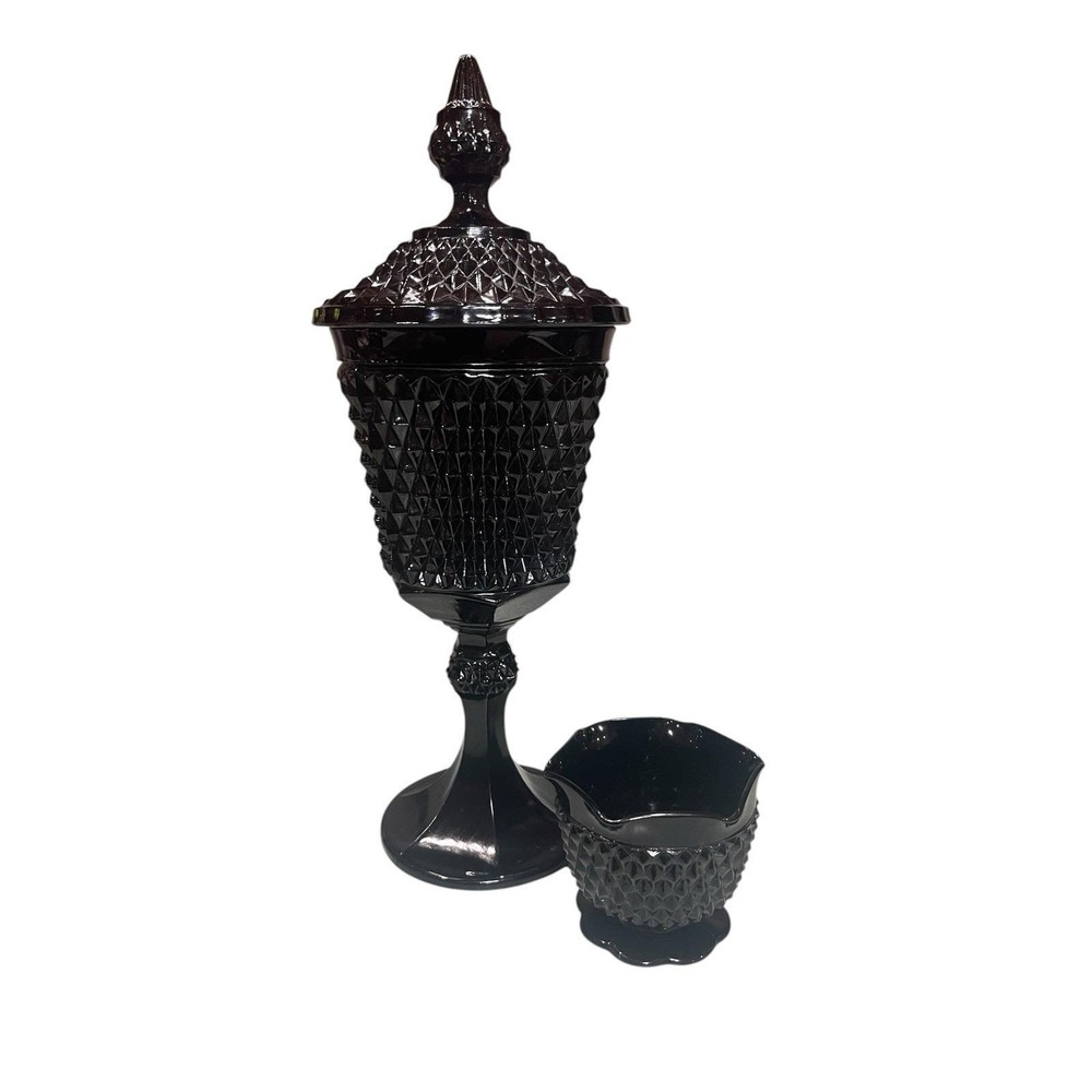 Vintage Indiana Glass Tiara Cameo Black Diamond Point Pedestal Lidded Apothecary